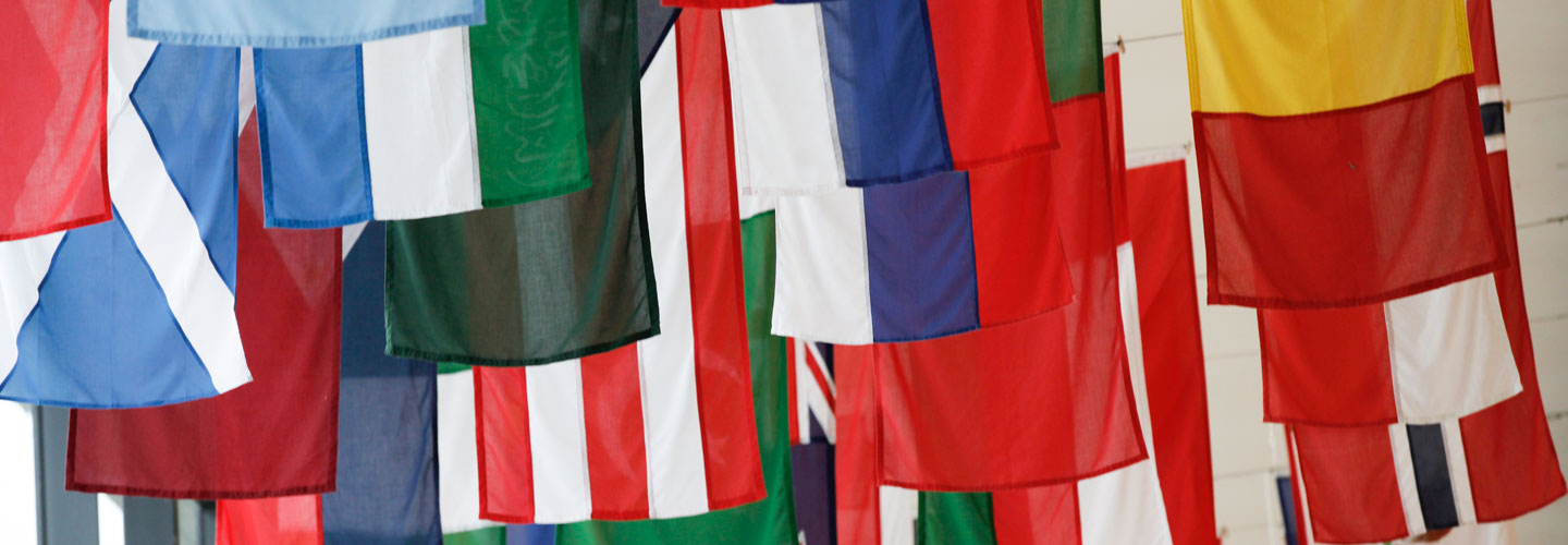 Flags hanging from ceiling
