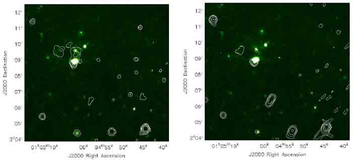 C-band (left) and L-Band (right) radio continuum overlaid as contours on a Spitzer 24µm image C-band (left) and L-Band (right) radio continuum overlaid as contours on a Spitzer 24µm image